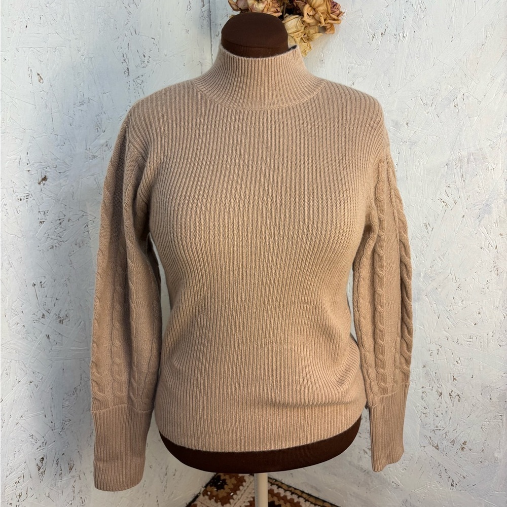 NWT Magaschoni Turtleneck Cable Knit Arm Wool Cashmere Sweater  Camel Medium